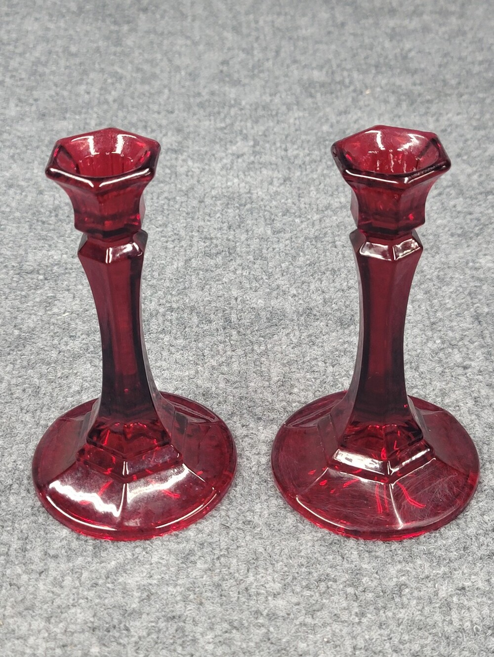 Vintage Indiana Glass Ruby Red Candlesticks for taper candles 6 Inches Tall